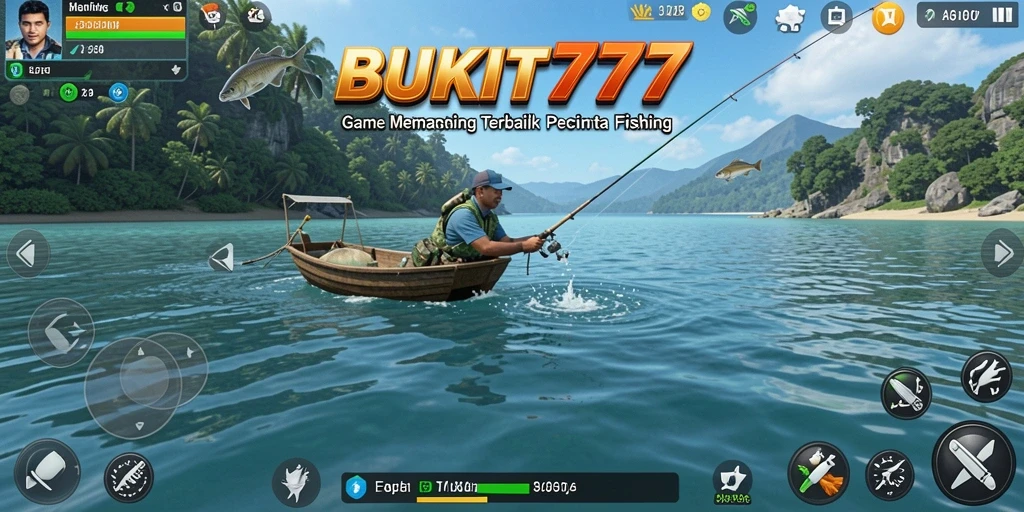 Screenshot utama BUKIT777 menampilkan aksi seru memancing di berbagai lokasi.