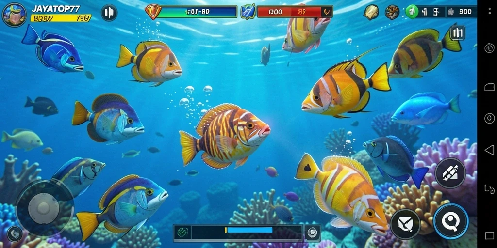 Gambar menampilkan gameplay menembak ikan yang seru dan interaktif.