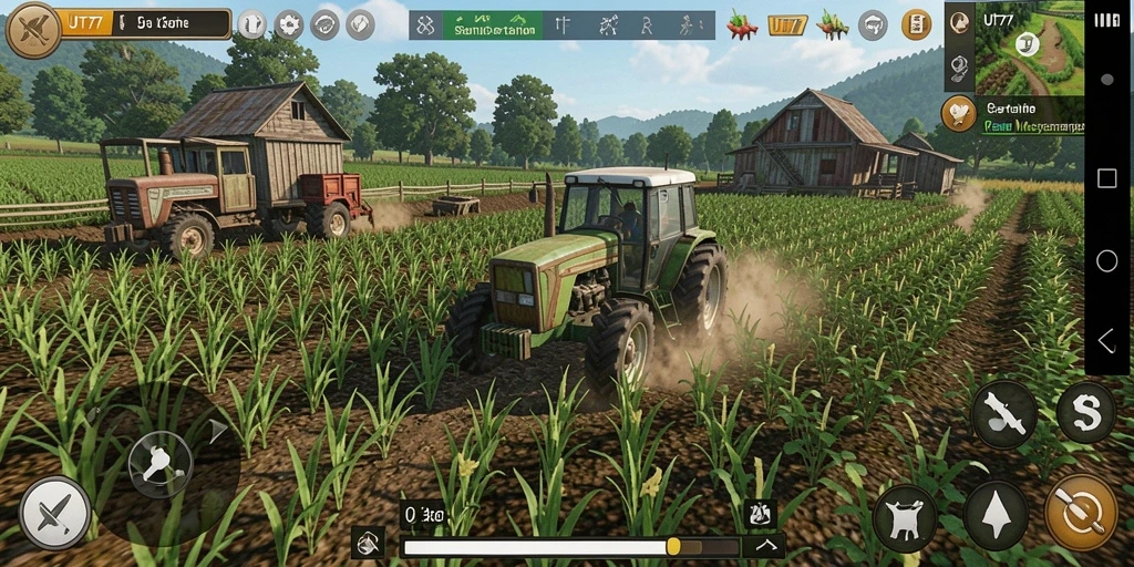 Tampilan gameplay <strong>UT77</strong> dengan ladang yang subur dan hewan ternak.